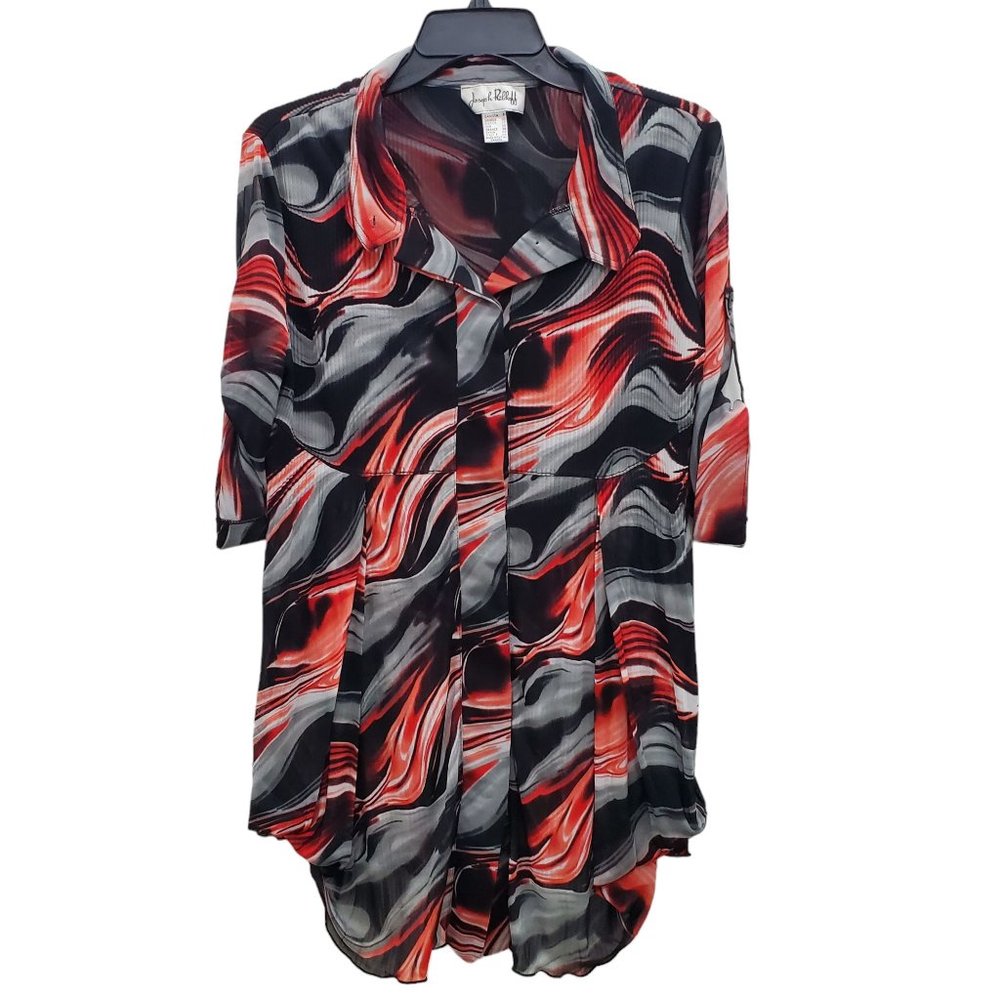 Joseph Ribkoff Red Black Gray Abstract Wave Blouse